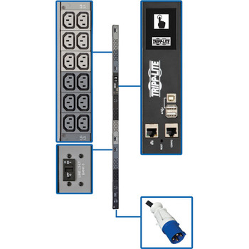 Tripp Lite by Eaton 18.7kW 200-240V 3PH Monitored PDU - LX Interface, Gigabit, 36 C13 Outlets, IEC 309 60A Blue Input, LCD, 1.8 m Cord, 0U 1.8 m Height, TAA PDU3EVN6G60C