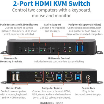 Tripp Lite by Eaton 2-Port HDMI/USB KVM Switch - 4K 60 Hz, HDR, HDCP 2.2, IR, USB Sharing, USB 3.0 Cables B005-HUA2-K