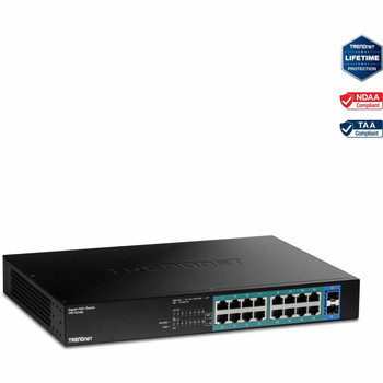 TRENDnet 18-Port Gigabit PoE+ Switch, 16 x 30W PoE+ Ports, 2 Gigabit SFP Slots, 240W PoE Budget, 36Gbps Switching Capacity, 1U 19" Rack Mountable, Lifetime Protection, Black, TPE-TG182 TPE-TG182