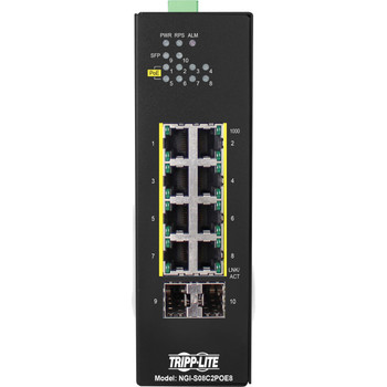 Tripp Lite by Eaton 8-Port Lite Managed Industrial Gigabit Ethernet Switch - 10/100/1000 Mbps, PoE+ 30W, 2 GbE SFP Slots, -10�&deg; to 60�&deg;C, DIN Mount - TAA Compliant NGI-S08C2POE8