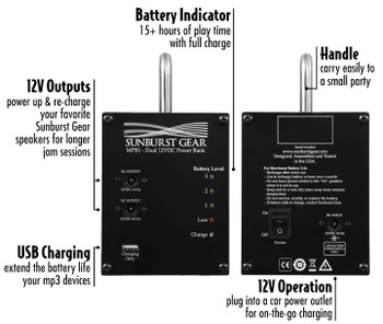 Sunburst Gear MPB1 Dual Output Power Bank for MM series Speakers - features Sunburst Gear MPB1 Dual Output Power Bank for MM series Speakers - features