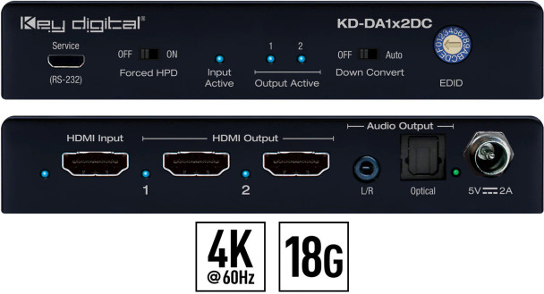 KEY DIGITAL KD-DA1X2DC 1x2 4k 18g Hdmi Distribution Amplifier Audio De-Embed, 4k To 1080p Down-Convert KD-DA1X2DC