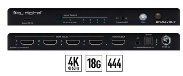 KEY DIGITAL KD-S4x1X-2 4x1 4k/18g Hdmi Switcher With L/R & Optical Audio De-Embed Output KD-S4x1X-2