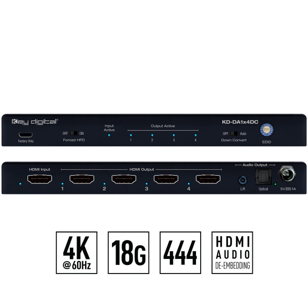 KEY DIGITAL KD-DA1x4DC 4k 18g 4 Output Hdmi Splitter Distribution Amp With Audio De-Embed, 4k To 1080p Down-Convert KD-DA1x4DC