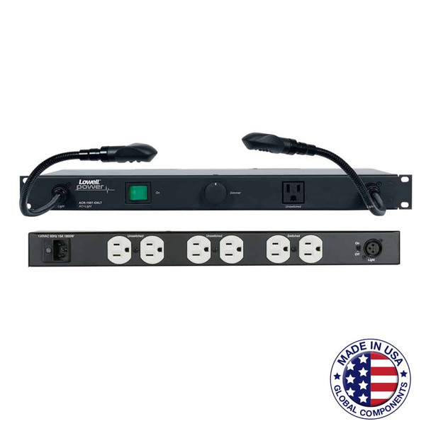 LOWELL MANUFACTURING ACR-1507-GNLT Rackmount Light Panel With 120vac 15a Power 7 Outlets 9' Cord 2 Gooseneck Lights Xlr Terminations ACR-1507-GNLT