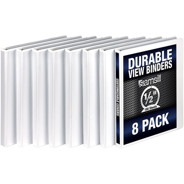 Samsill Durable 3 Ring Binder Made in the USA, 0.5-Inch Round Ring Binder, Holds 100 Sheets, Customizable Clear View Cover, White, 8 Pack (S88417) S88417