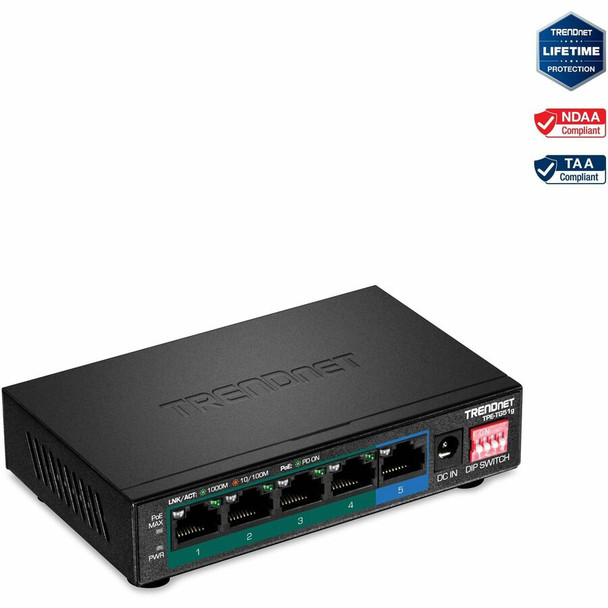 TRENDnet 5-Port Gigabit PoE+ Switch, Camera DIP Switch extends PoE+ 200m (656 ft.), 60W PoE Budget, Black, TPE-TG51g TPE-TG51g