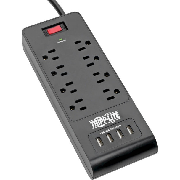 Tripp Lite by Eaton 8-Outlet Surge Protector with 4 USB Ports (4.2A Shared) - 6 ft. (1.83 m) Cord, 1800 Joules, Black TLP864USBB