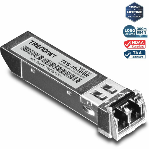 TRENDnet 10GBASE-SR SFP+ Multi Mode LC Module, TEG-10GBSR, Supports Distances up to 300m (984 feet), Hot Pluggable Fiber SFP+ Transceiver, 850nm Wavelength, Lifetime Protection, Silver TEG-10GBSR