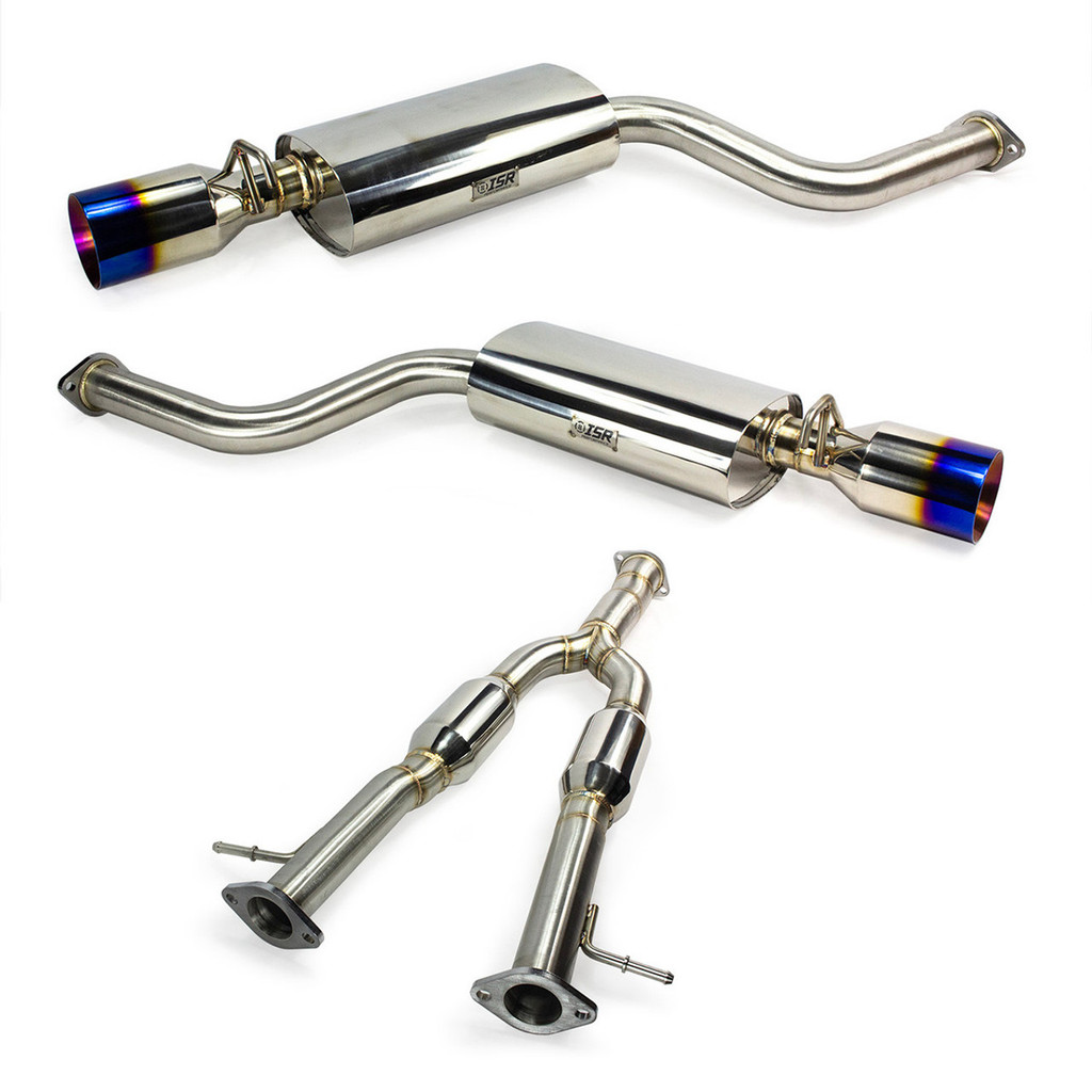 ISR Performance MBSE Dual Exhaust with Blue Tip installed on 1998-2005 Lexus GS300, showcasing brushed stainless steel finish and dual piping.