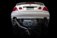 ISR Performance Single GT Exhaust system on Lexus GS300, showing the polished 4.5-inch muffler tip and brushed stainless steel construction for enhanced performance and style.