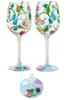 Song Birds 15 oz Artisan Painted Wine Glass Gift Boxed  Lolita