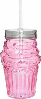 Pink 3D Cupcake Shaped Glass Lidded Beverage Tumbler Sipper 15.5 oz 5.8" H