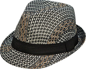 Kenny K Woven Toyo Straw Hat Black White Wave Pattern Fedora Solid Black Band (L