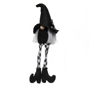 Witch Gnome F2181 Lace Pearl Hat White Hair Checkered Legs Boots 14" L Black
