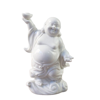 Happy Hotai Buddha 80014 Dancing Holding Ingot Statue 6" H Ceramic White