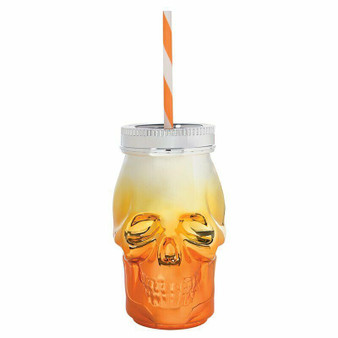 Skull Shapped Sipper Lidded Tumbler w/ Straw Orange Candy Corn 16 oz Acrylic