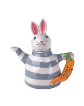 Blue Sky Clayworks Bunny Rabbit Nibbles Carrot Handle Ceramic Teapot 10.5" H