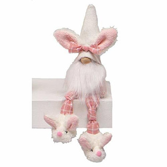 Gnome T4041 Slumber Party Bunny Plaid Pink Rabbit Slippers White Beard 10" H