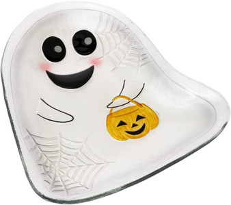 Ghost Halloween Glass Serving Plate Platter 12.25 x 11.25 Pumpkin Spiderweb