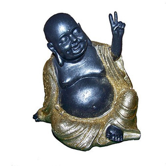 Peace Sign Happy Hotai Sitting Buddha, 5.75" H Black Resin (Gold)