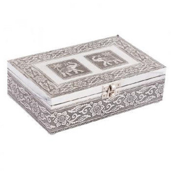 Elephant Pair Metal Secret Stash Jewelry Trinket Box 8 X 5" Silver Velvet Lined