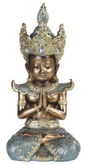Buddha 88257 Thai Headress Praying Meditating Figurine 10.5" W Gold Green