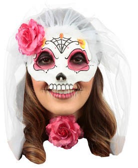 Catrina 23014 Sugar Skull Half Mask w/  White Veil Costume Latex Cosplay Adult One Sz