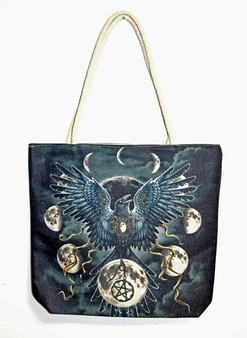 Sinister Wings 3282 Crow Raven Bird Moon Phases Shopping Tote Bag 17 x 15 inches Rope Handles
