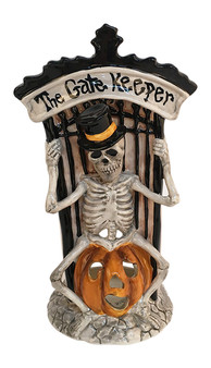 Gate Keeper 16458 Top Hat Skeleton on Pumpkin Tealight Candle Holder Blue Sky Ceramic 10" H