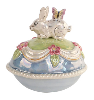 Easter Bunny Rabbit 22217 Iridescent Luster Lidded Egg Dish Covered Bowl Blue Sky
