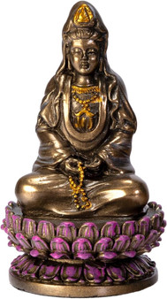 Kuan Yin Purple Lotus Mala Beads Mini Figurine 3.4" H Cold Cast Bronze Resin