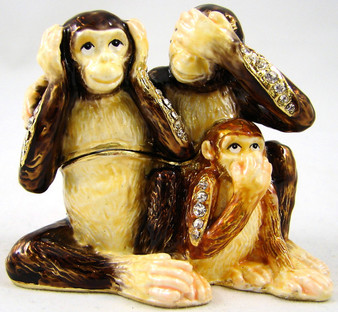 Monkey Family H2604 See Hear Say No Evil Mini Earring Jeweled Trinket Box 2.5" H