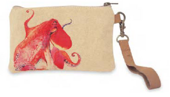Red Octopus Wristlet 901390 Canvas Leather Zipper Pouch Makeup Bag 8" L by Cott n Curls