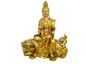 Kuan Yin 41754L Riding Lion Spirit Animal Figurine Resin 9" H Gold