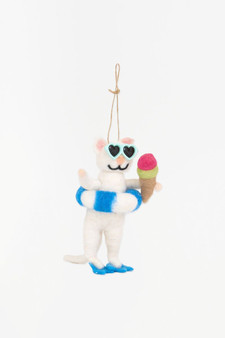 Cat w/ Ice Cream Cone D8063 Summer Kitty Sunglasses Woolies Felted Sheep Wool Ornament 4.7"H