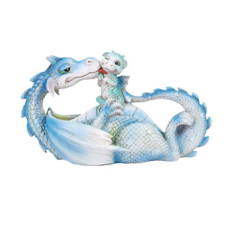 Morning Bath Mother Dragon Licking Baby 4.75" H Blue White Resin