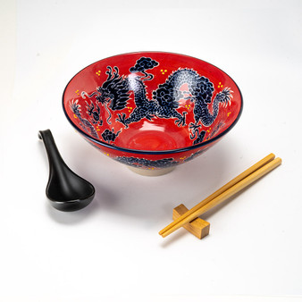 Dragon Ramen Bowl Spoon Chopsticks and Rest Serving Set 6" D Porcelain Nagomi