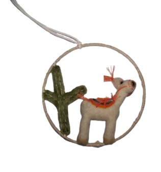 Llama Mini Wreath 462007 Cactus Wild Woolies Felted Sheep Wool Ornament 4.25" D