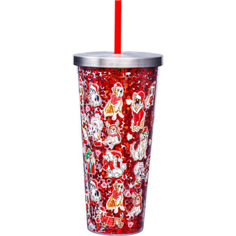 Christmas Dogs 21389 Glitter Tumbler Cup w/ Straw 20 oz