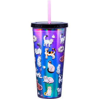 Cat Doodles 21685 Foil Tumbler Cup w/ Straw 20 oz