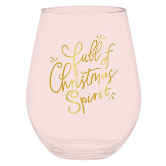 Full of Christmas Spirit 7724 Pink Gold Foil Jumbo Stemless Wine Glass 30 oz Holds Full Bottle 5.7" H