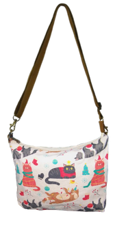 Christmas Cats 601547 Canvas Leather Zipper Crossbody Sling Bag 10" L by Cott n Curls