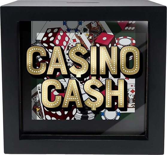 Casino Cash Shadowbox Coin Bank 6 x 6" Black Wood Glass Spoontiques
