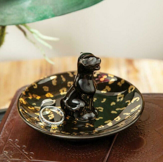 Leopard Black Panther Cat Trinket Dish Ceramic Jewelry Ring Holder 4.3 X 2.7"