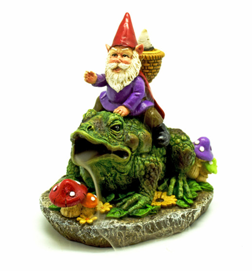 Gnome Riding Frog 3254 Backflow Cone Incense Burner 7" H