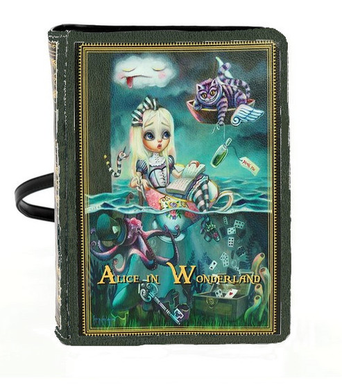 Alice in Wonderland Floating Tea Cup Book Shaped Backpack Bag Purse Green 11" H Vinyl