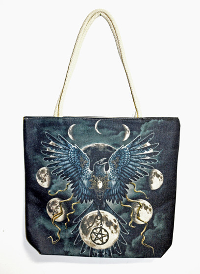 Sinister Wings 3282 Crow Raven Bird Moon Phases Shopping Tote Bag 17 x 15 inches Rope Handles