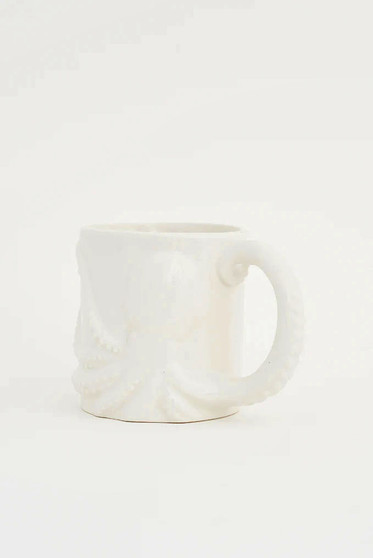 White Octopus D7814 Tentacle Handle Sculpted Coffee Mug Tea Cup Ceramic