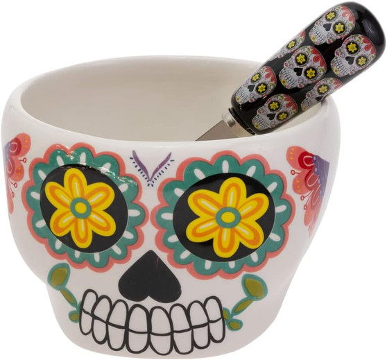 Sugar Skull 23374 Day of the Dead Ceramic Dip Bowl and Spreader Set 14 oz